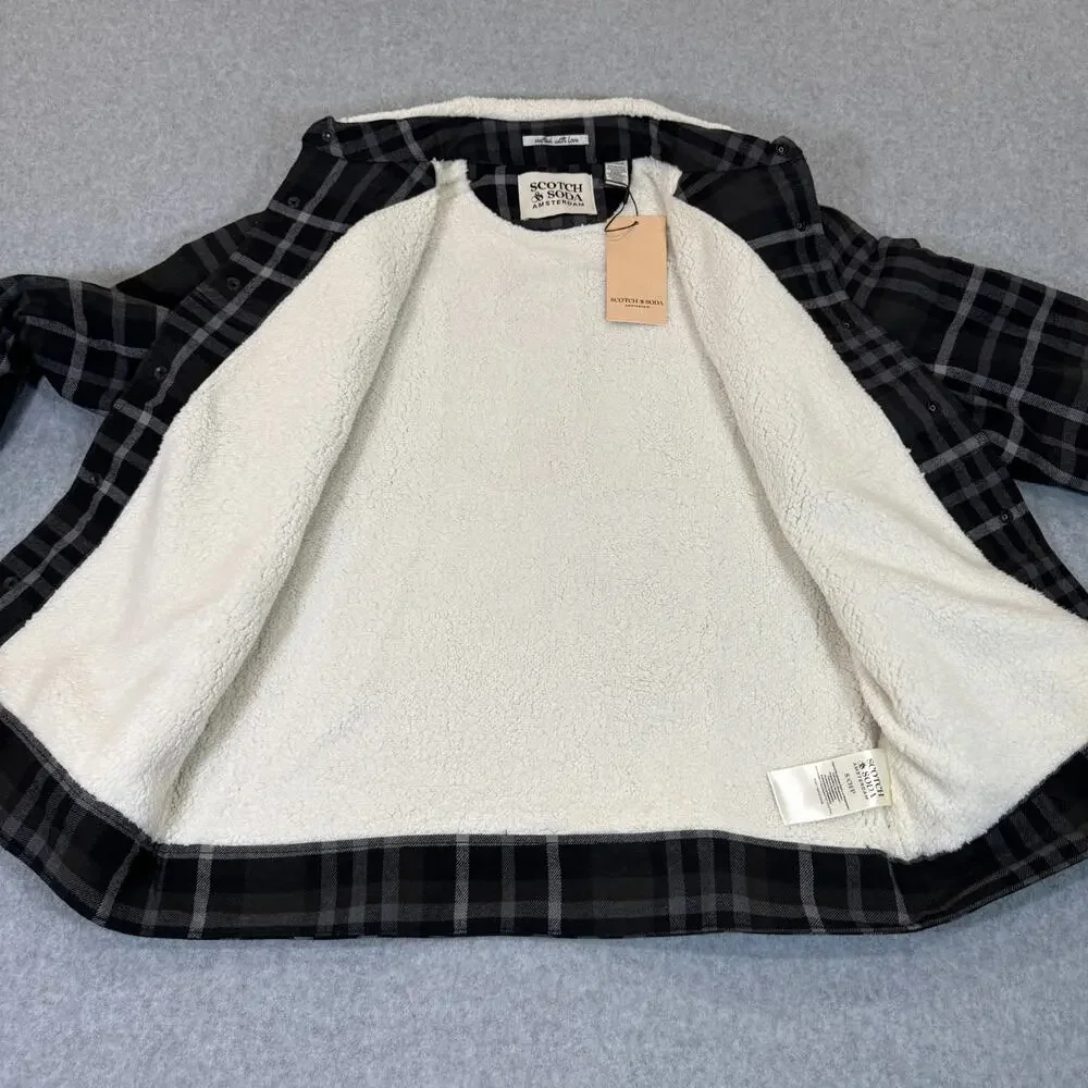 Scotch & Soda Sherpa Lined Plaid Flannel Jacket Gray Men's Small Snaps NWT